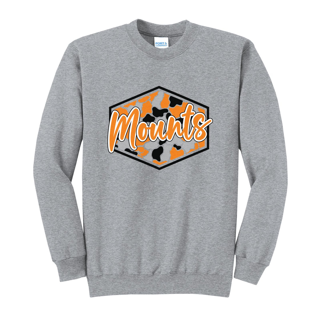 Antietam Mountaineers Camo Script crewneck sweatshirt in Athletic Heather: Mounts in bold script over an orange, grey and black camo hexagon