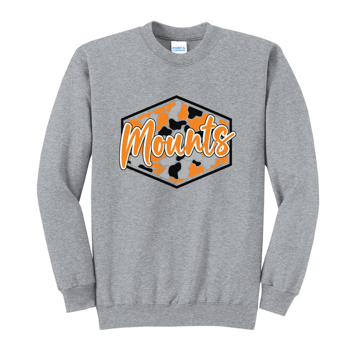 Antietam Mountaineers Camo Script crewneck sweatshirt in Athletic Heather: Mounts in bold script over an orange, grey and black camo hexagon