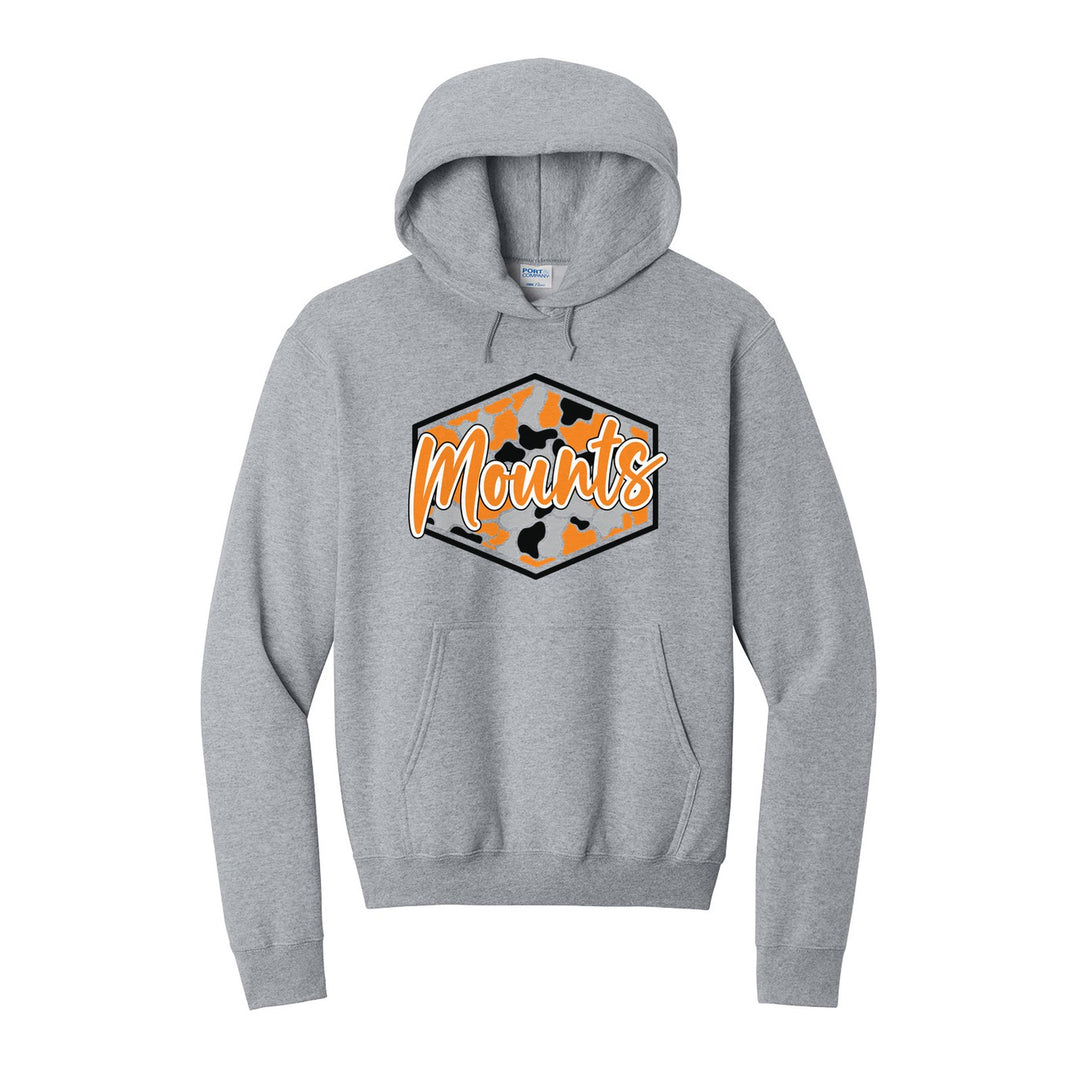 Antietam Mountaineers Camo Script hoodie in Athletic Heather: Mounts in bold script over an orange, grey and black camo hexagon