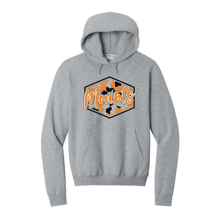 Antietam Mountaineers Camo Script hoodie in Athletic Heather: Mounts in bold script over an orange, grey and black camo hexagon