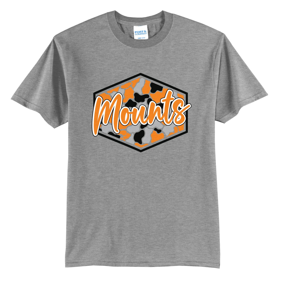 Antietam Mountaineers Camo Script t-shirt in Athletic Heather: Mounts in bold script over an orange, grey and black camo hexagon