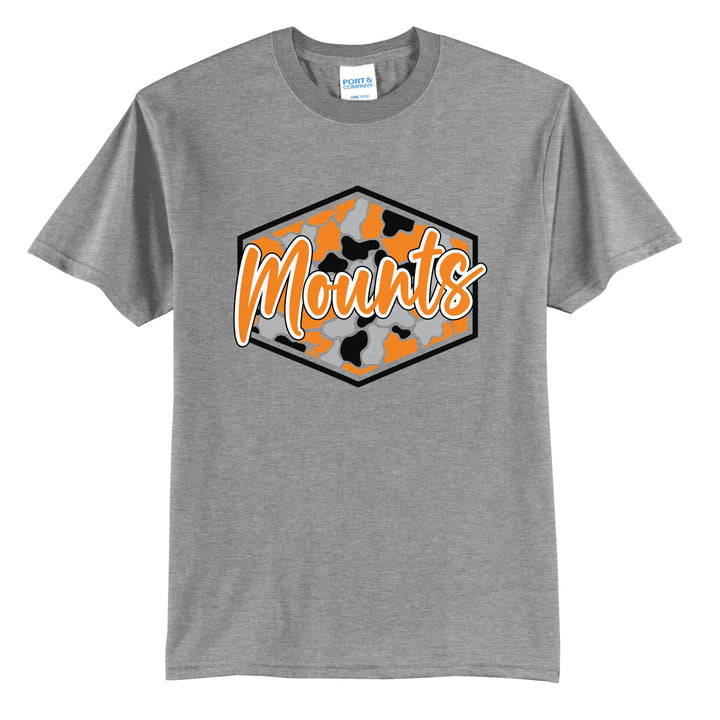 Antietam Mountaineers Camo Script t-shirt in Athletic Heather: Mounts in bold script over an orange, grey and black camo hexagon