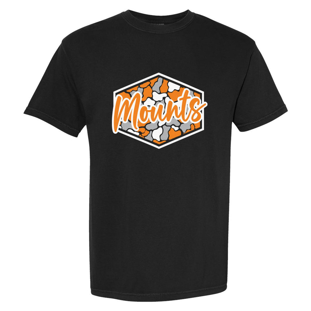 Antietam Mountaineers Camo Script comfort colors t-shirt in Black: Mounts in bold script over an orange, grey and black camo hexagon