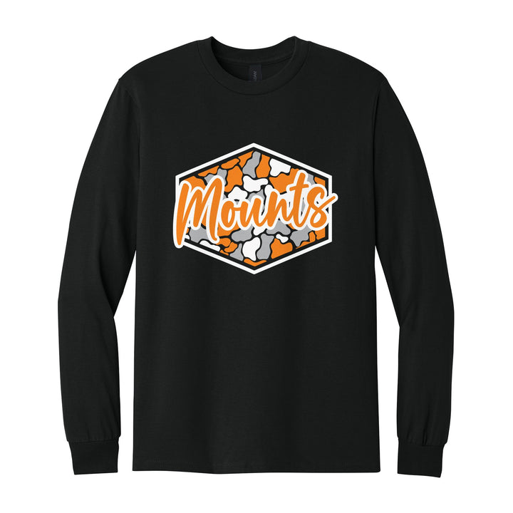 Antietam Mountaineers Camo Script long sleeve t-shirt in Black: Mounts in bold script over an orange, grey and black camo hexagon