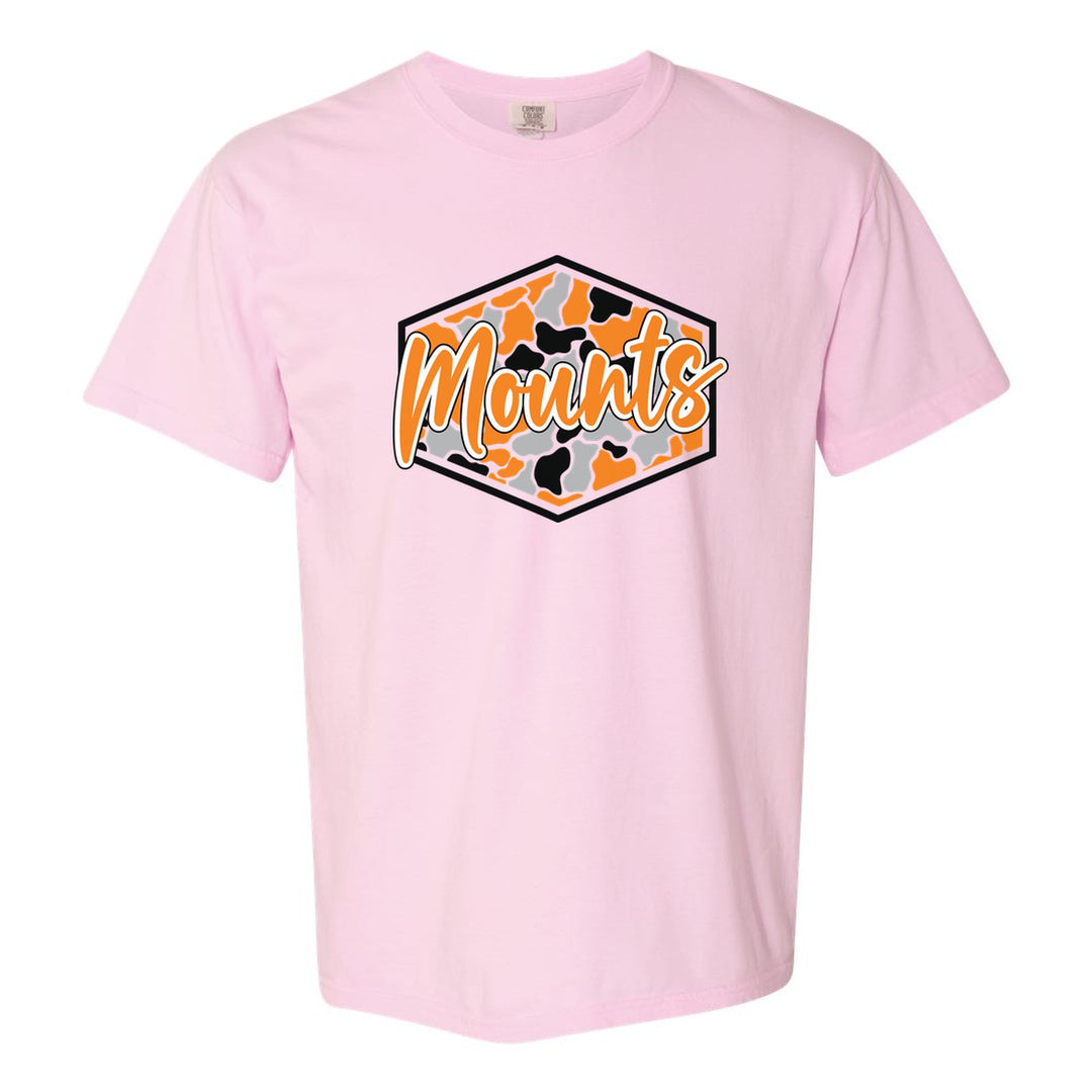 Antietam Mountaineers Camo Script comfort colors t-shirt in Blossom: Mounts in bold script over an orange, grey and black camo hexagon