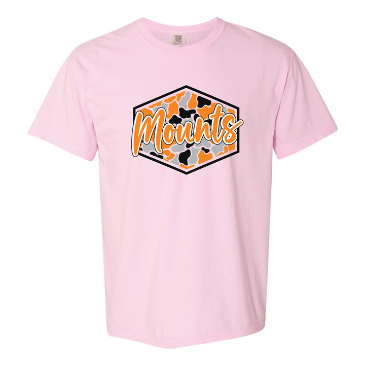Antietam Mountaineers Camo Script comfort colors t-shirt in Blossom: Mounts in bold script over an orange, grey and black camo hexagon