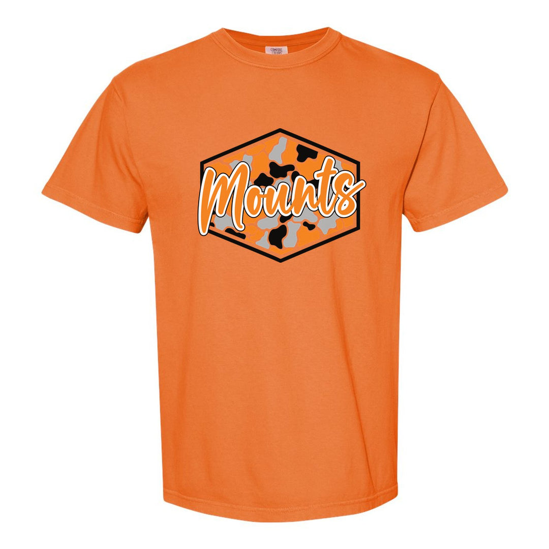 Antietam Mountaineers Camo Script comfort colors t-shirt in Burnt Orange: Mounts in bold script over an orange, grey and black camo hexagon
