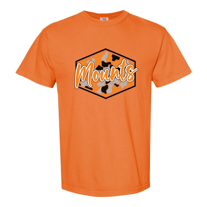 Antietam Mountaineers Camo Script comfort colors t-shirt in Burnt Orange: Mounts in bold script over an orange, grey and black camo hexagon