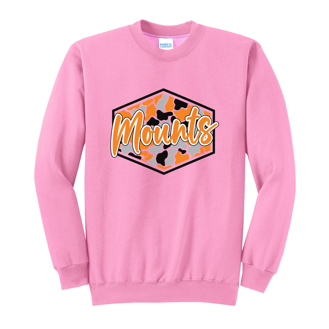 Antietam Mountaineers Camo Script crewneck sweatshirt in Candy Pink: Mounts in bold script over an orange, grey and black camo hexagon