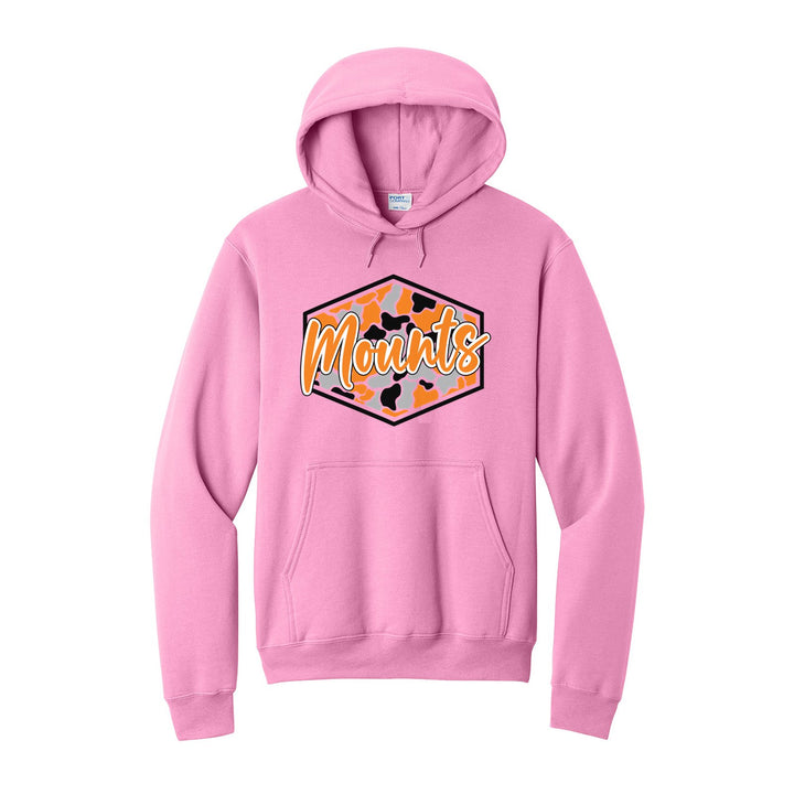 Antietam Mountaineers Camo Script hoodie in Candy Pink: Mounts in bold script over an orange, grey and black camo hexagon