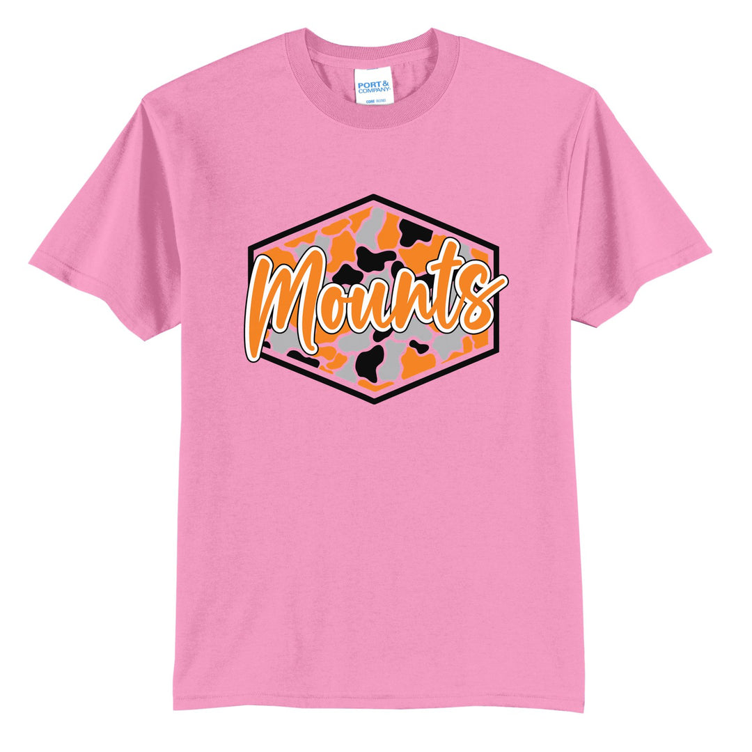 Antietam Mountaineers Camo Script t-shirt in Candy Pink: Mounts in bold script over an orange, grey and black camo hexagon