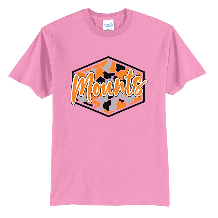 Antietam Mountaineers Camo Script t-shirt in Candy Pink: Mounts in bold script over an orange, grey and black camo hexagon