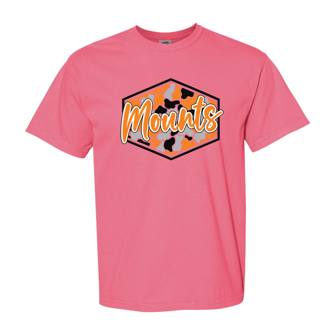 Antietam Mountaineers Camo Script comfort colors t-shirt in Crunchberry: Mounts in bold script over an orange, grey and black camo hexagon