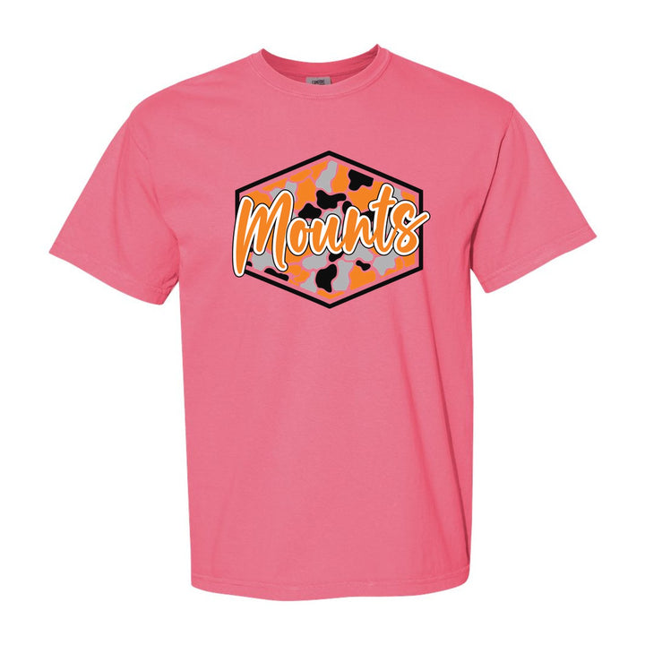 Antietam Mountaineers Camo Script comfort colors t-shirt in Crunchberry: Mounts in bold script over an orange, grey and black camo hexagon
