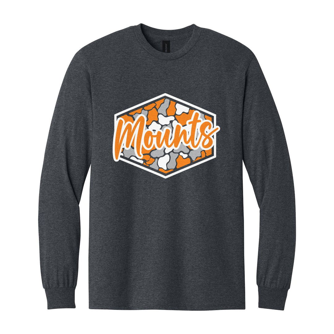 Antietam Mountaineers Camo Script long sleeve t-shirt in Dark Heather: Mounts in bold script over an orange, grey and black camo hexagon