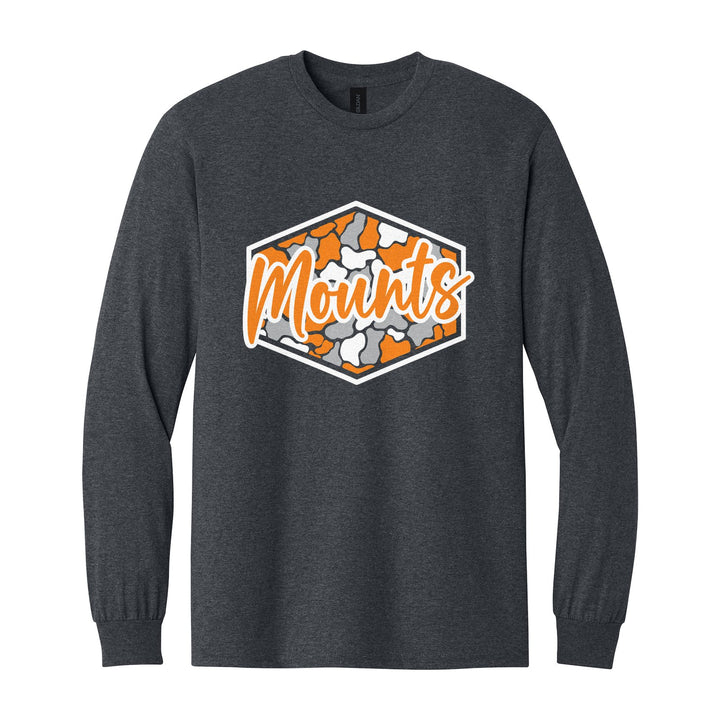 Antietam Mountaineers Camo Script long sleeve t-shirt in Dark Heather: Mounts in bold script over an orange, grey and black camo hexagon