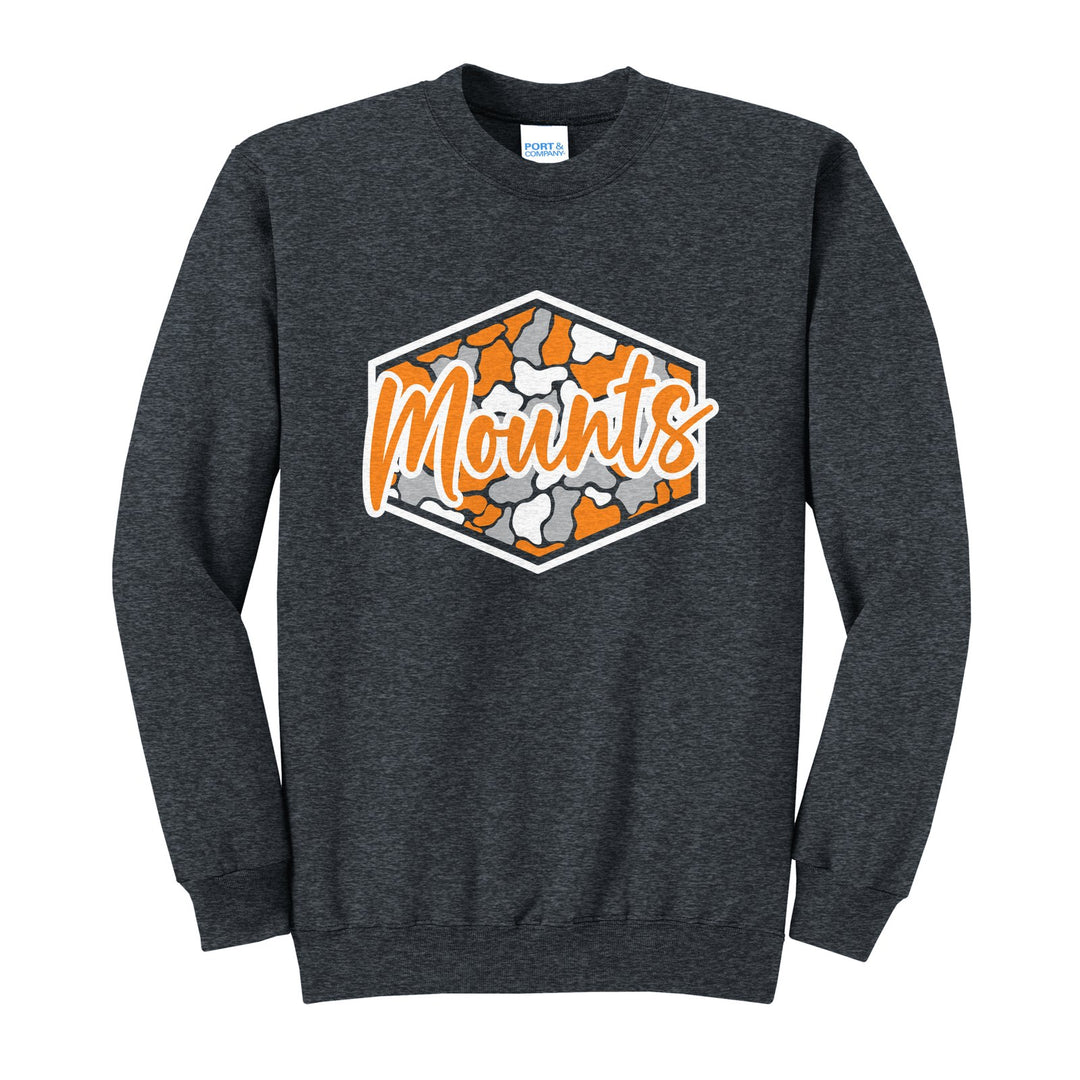 Antietam Mountaineers Camo Script crewneck sweatshirt in Dark Heather Grey: Mounts in bold script over an orange, grey and black camo hexagon