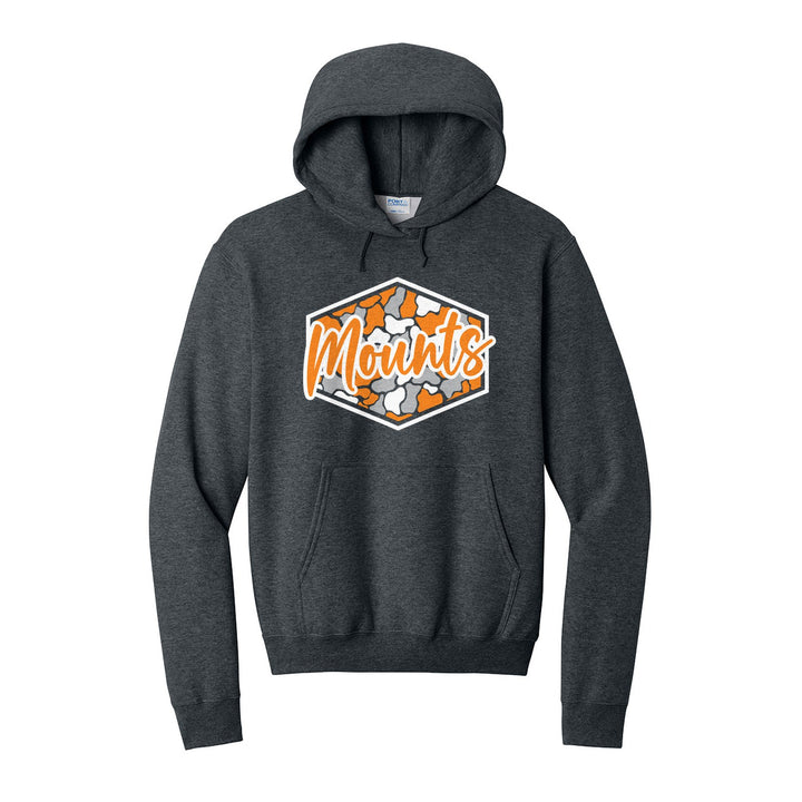 Antietam Mountaineers Camo Script hoodie in Dark Heather Grey: Mounts in bold script over an orange, grey and black camo hexagon