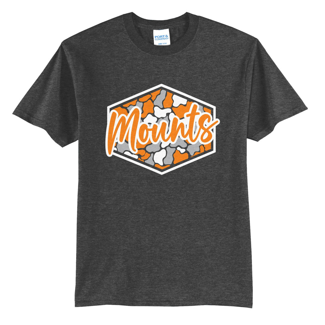 Antietam Mountaineers Camo Script t-shirt in Dark Heather Grey: Mounts in bold script over an orange, grey and black camo hexagon