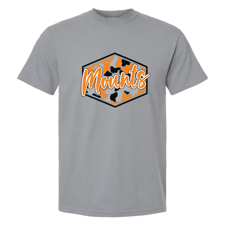 Antietam Mountaineers Camo Script comfort colors t-shirt in Granite: Mounts in bold script over an orange, grey and black camo hexagon
