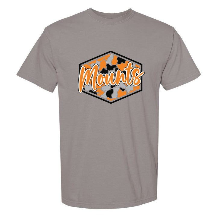 Antietam Mountaineers Camo Script comfort colors t-shirt in Grey: Mounts in bold script over an orange, grey and black camo hexagon