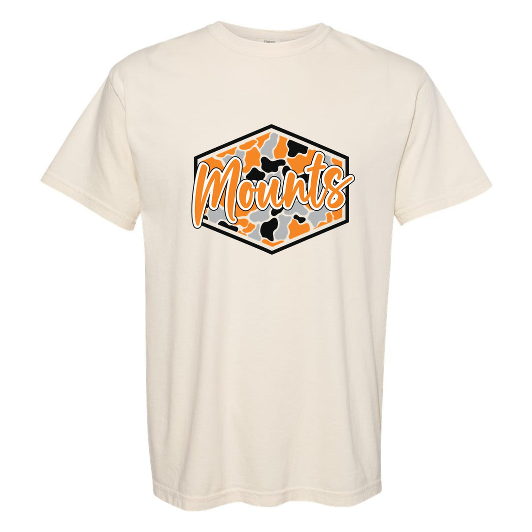 Antietam Mountaineers Camo Script comfort colors t-shirt in Ivory: Mounts in bold script over an orange, grey and black camo hexagon