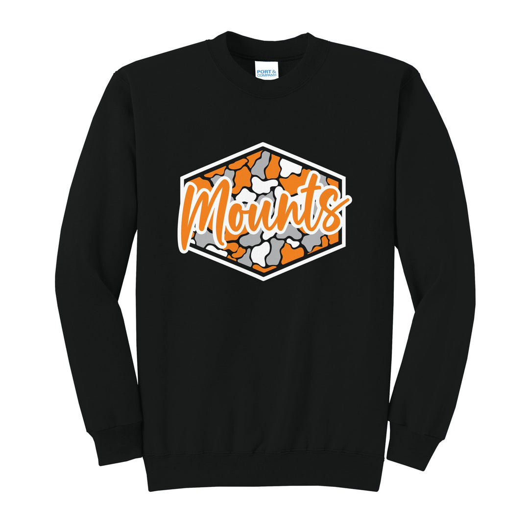 Antietam Mountaineers Camo Script crewneck sweatshirt in Jet Black: Mounts in bold script over an orange, grey and black camo hexagon