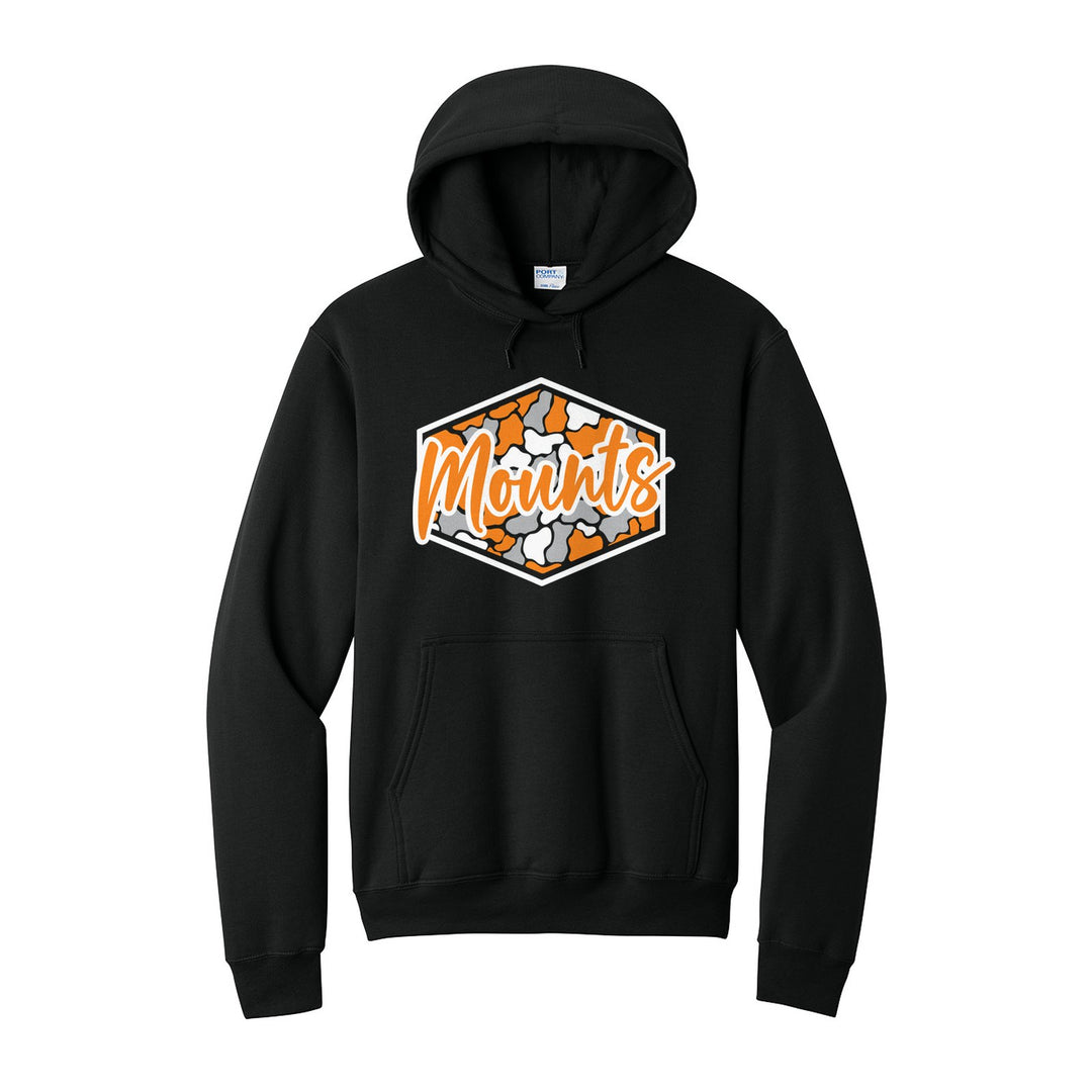Antietam Mountaineers Camo Script hoodie in Jet Black: Mounts in bold script over an orange, grey and black camo hexagon