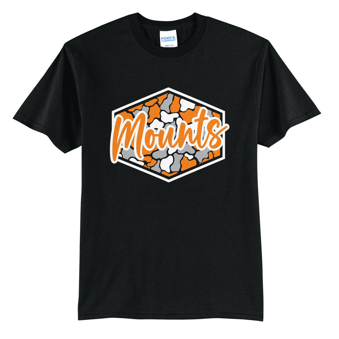 Antietam Mountaineers Camo Script t-shirt in Jet Black: Mounts in bold script over an orange, grey and black camo hexagon