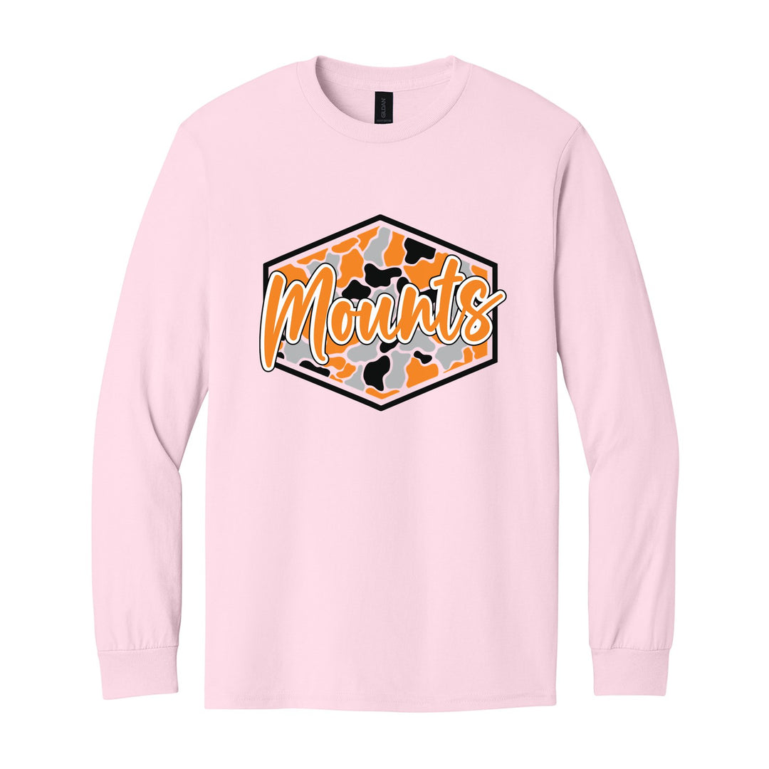 Antietam Mountaineers Camo Script long sleeve t-shirt in Light Pink: Mounts in bold script over an orange, grey and black camo hexagon