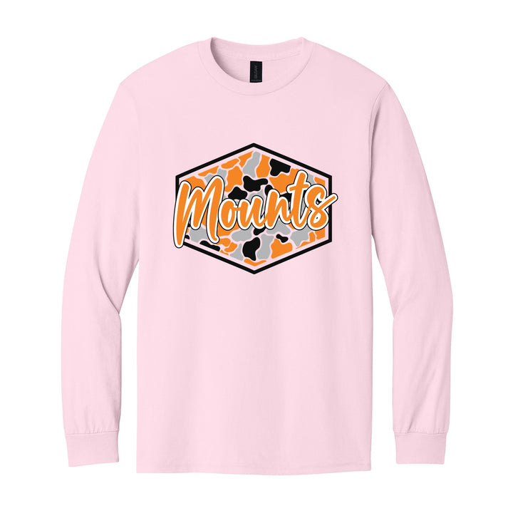 Antietam Mountaineers Camo Script long sleeve t-shirt in Light Pink: Mounts in bold script over an orange, grey and black camo hexagon