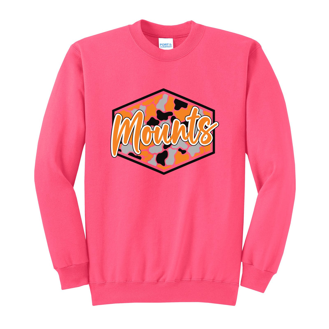 Antietam Mountaineers Camo Script crewneck sweatshirt in Neon Pink: Mounts in bold script over an orange, grey and black camo hexagon