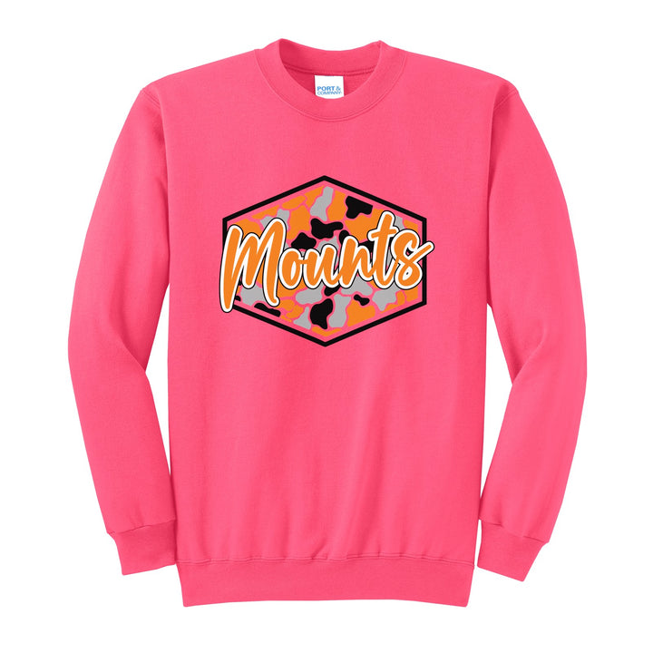 Antietam Mountaineers Camo Script crewneck sweatshirt in Neon Pink: Mounts in bold script over an orange, grey and black camo hexagon