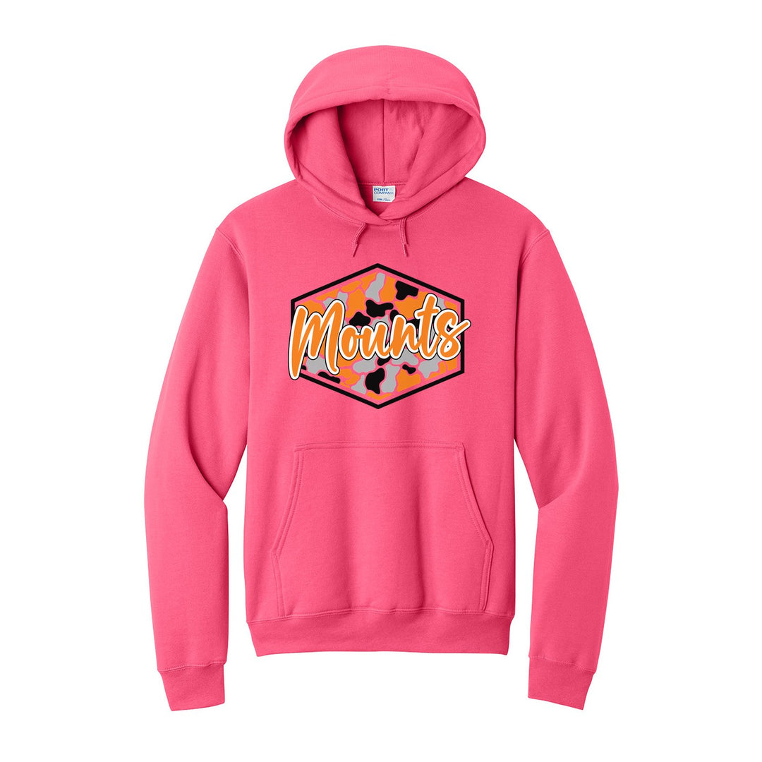 Antietam Mountaineers Camo Script hoodie in Neon Pink: Mounts in bold script over an orange, grey and black camo hexagon
