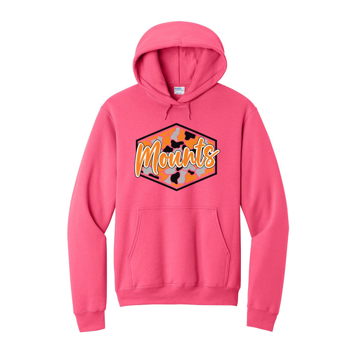 Antietam Mountaineers Camo Script hoodie in Neon Pink: Mounts in bold script over an orange, grey and black camo hexagon