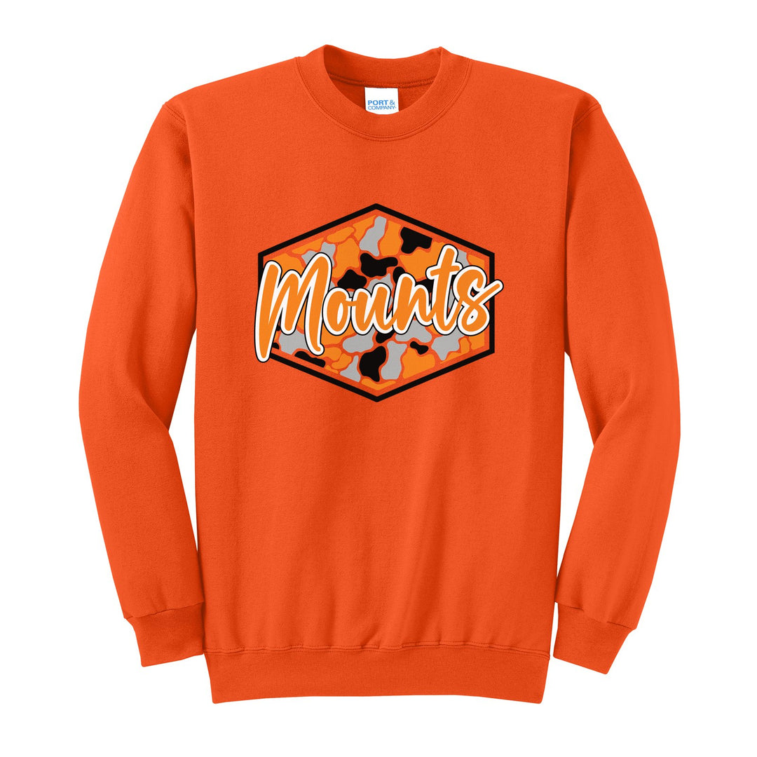 Antietam Mountaineers Camo Script crewneck sweatshirt in Orange: Mounts in bold script over an orange, grey and black camo hexagon