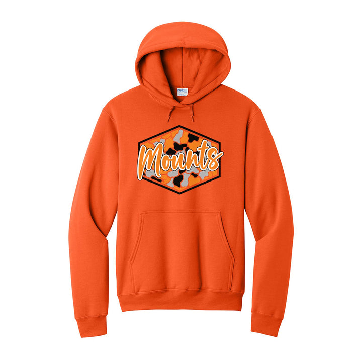 Antietam Mountaineers Camo Script hoodie in Orange: Mounts in bold script over an orange, grey and black camo hexagon