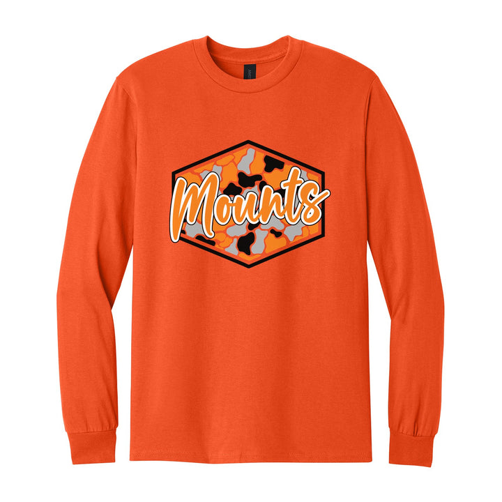 Antietam Mountaineers Camo Script long sleeve t-shirt in Orange: Mounts in bold script over an orange, grey and black camo hexagon