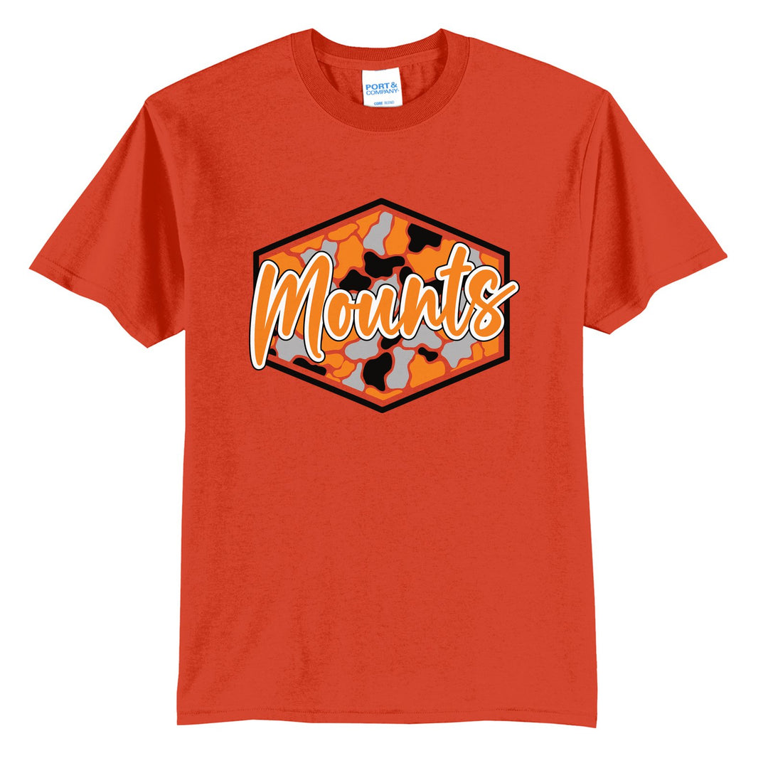 Antietam Mountaineers Camo Script t-shirt in Orange: Mounts in bold script over an orange, grey and black camo hexagon