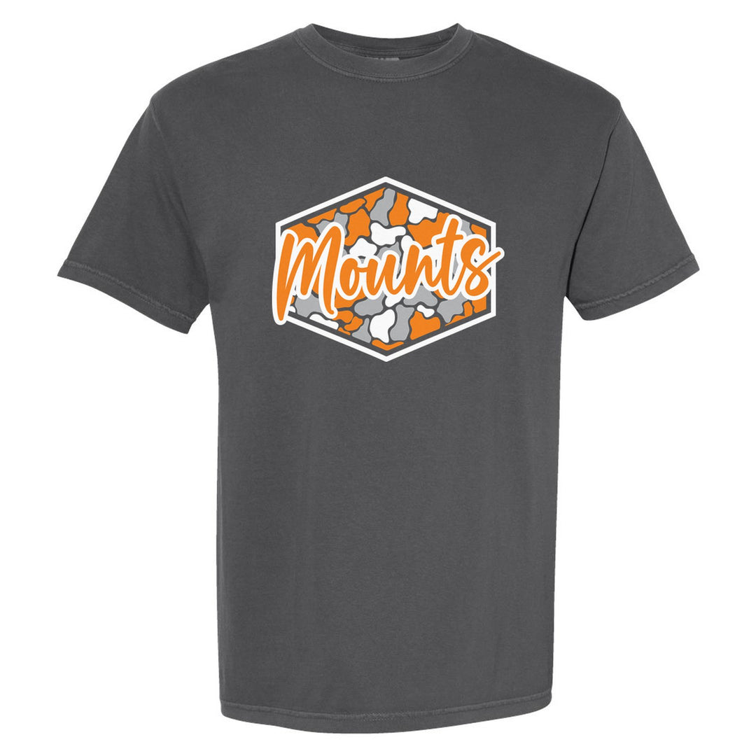 Antietam Mountaineers Camo Script comfort colors t-shirt in Pepper: Mounts in bold script over an orange, grey and black camo hexagon