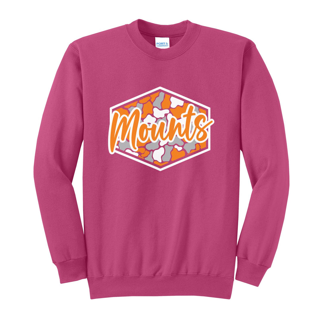 Antietam Mountaineers Camo Script crewneck sweatshirt in Sangria: Mounts in bold script over an orange, grey and black camo hexagon