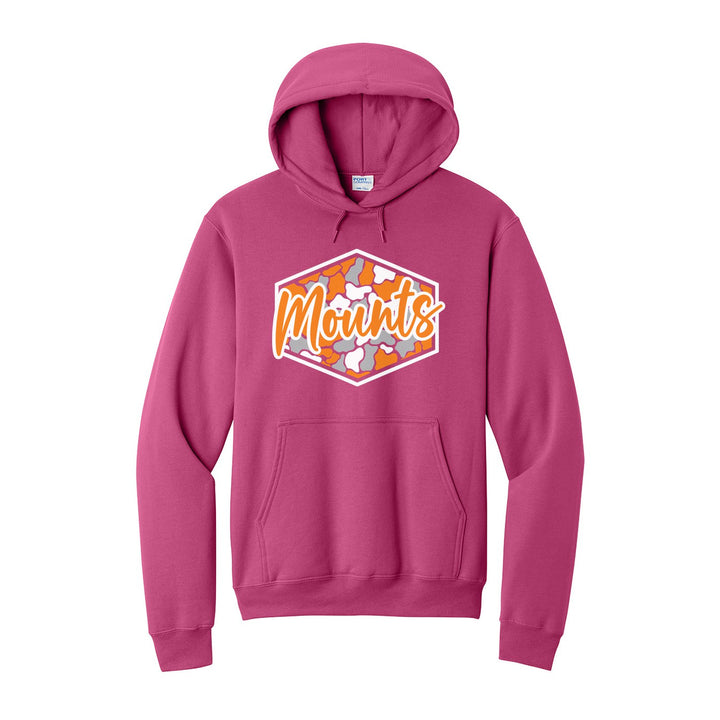 Antietam Mountaineers Camo Script hoodie in Sangria: Mounts in bold script over an orange, grey and black camo hexagon