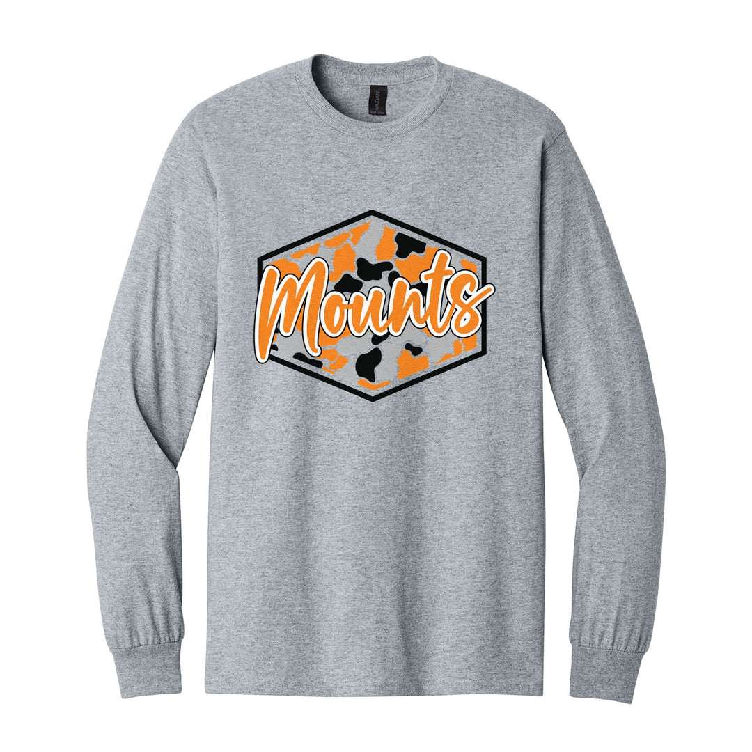 Antietam Mountaineers Camo Script long sleeve t-shirt in Sport Grey: Mounts in bold script over an orange, grey and black camo hexagon