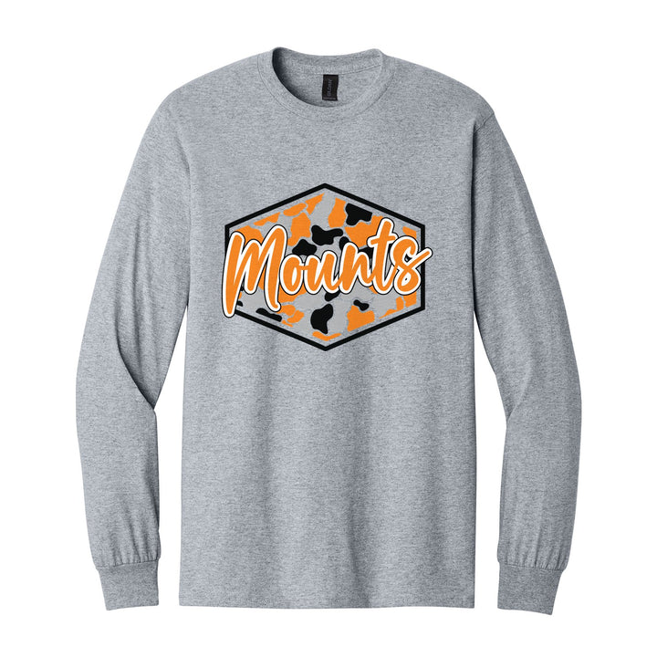 Antietam Mountaineers Camo Script long sleeve t-shirt in Sport Grey: Mounts in bold script over an orange, grey and black camo hexagon