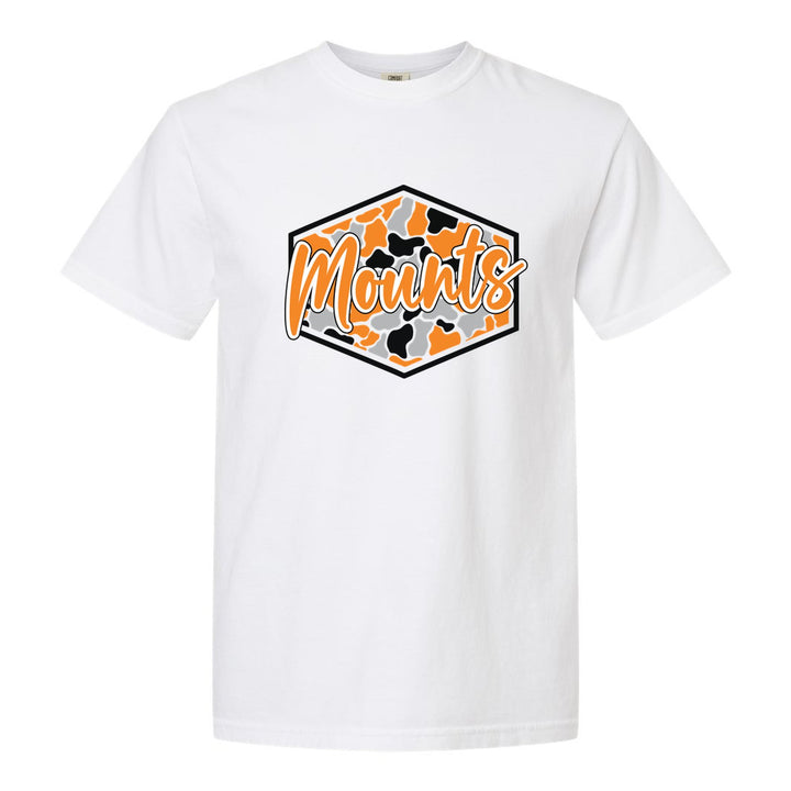 Antietam Mountaineers Camo Script comfort colors t-shirt in White: Mounts in bold script over an orange, grey and black camo hexagon