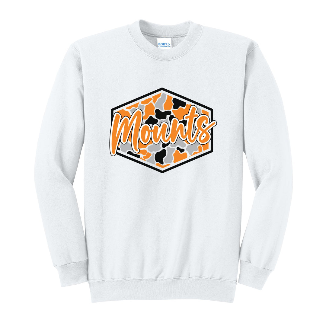 Antietam Mountaineers Camo Script crewneck sweatshirt in White: Mounts in bold script over an orange, grey and black camo hexagon