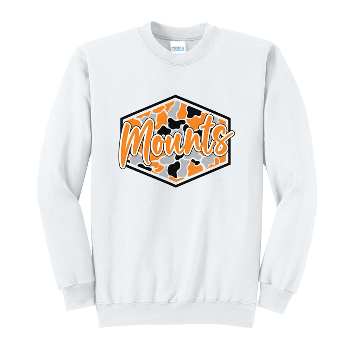 Antietam Mountaineers Camo Script crewneck sweatshirt in White: Mounts in bold script over an orange, grey and black camo hexagon