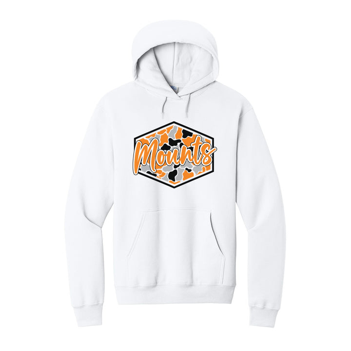 Antietam Mountaineers Camo Script hoodie in White: Mounts in bold script over an orange, grey and black camo hexagon