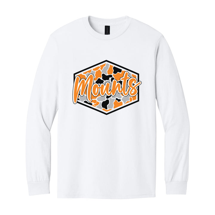 Antietam Mountaineers Camo Script long sleeve t-shirt in White: Mounts in bold script over an orange, grey and black camo hexagon