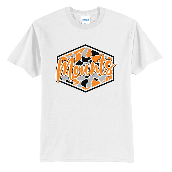 Antietam Mountaineers Camo Script t-shirt in White: Mounts in bold script over an orange, grey and black camo hexagon
